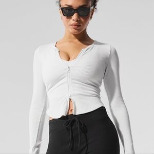 NWT Alo Stardust Jacket Top Long Sleeve Ribbed Double Zipper Corset White S